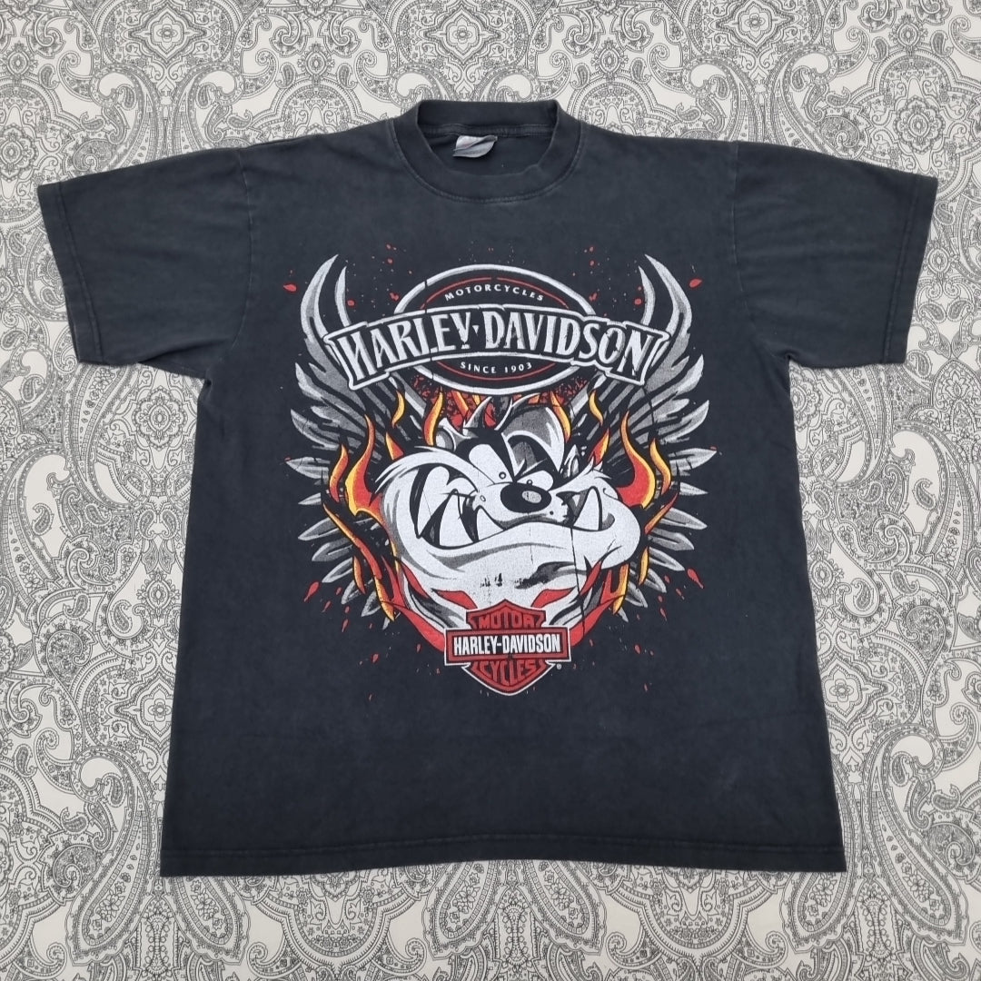 Harley Davidson Vintage T-shirt Black Logo Print Tee Tazmanian Devil